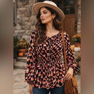 Ninety Clothing Co Geometric Boho Peplum Blouse M NWOT Retro Chic Pink Black